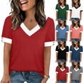 thumbnail image 1 of Pxxlle Short Sleeve Tops for Women Fashion Color Block Graphic Tees Loose Fit Summer V Neck T Shirts for Beach Vacation Blue L, 1 of 10