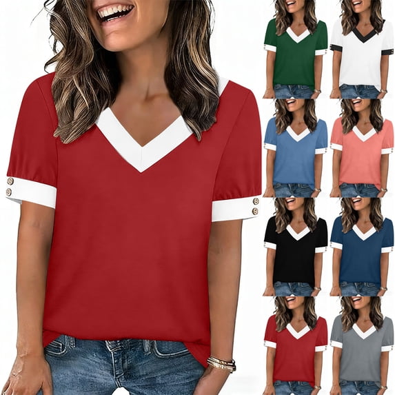 Pxxlle Short Sleeve Tops for Women Fashion Color Block Graphic Tees Loose Fit Summer V Neck T Shirts for Beach Vacation Orange S