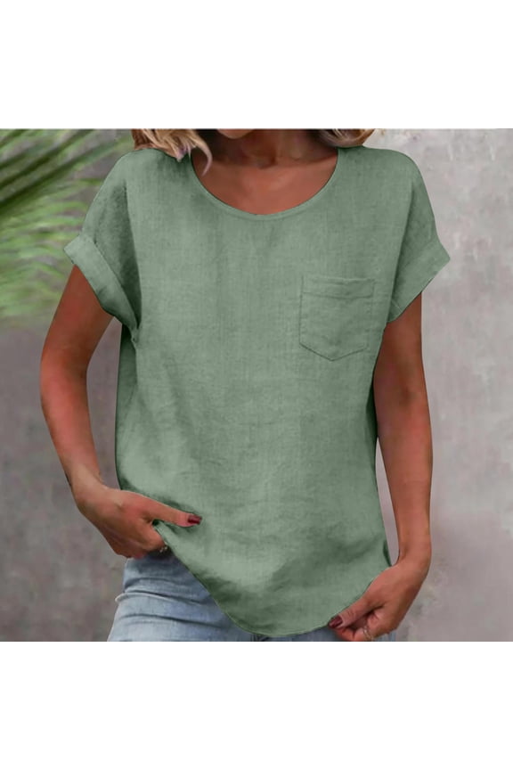 Short Sleeve Tops for Women Summer Casual Cotton Linen Shirts Solid Color Crew Neck Basic Tees with Pocket Green XXL