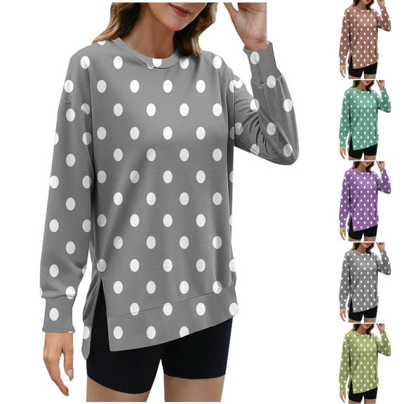 Pxxlle Side Slit Sweatshirts for Women Trendy Polka Dot Graphic Sweatshirt Fall Long Sleeve Pullover Tops Casual Crew Neck Clothes Coffee L
