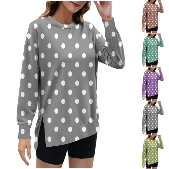 Pxxlle Side Slit Sweatshirts for Women Trendy Polka Dot Graphic Sweatshirt Fall Long Sleeve Pullover Tops Casual Crew Neck Clothes Green L