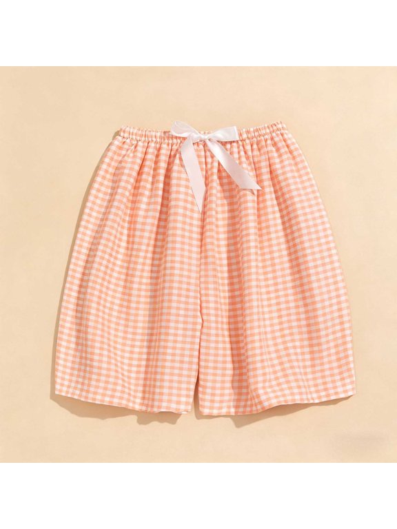 Sleep Shorts for Women Comfy Elastic Waisted Plaid Shorts Casual Summer Wide Leg Lounge Shorts Orange Free Size