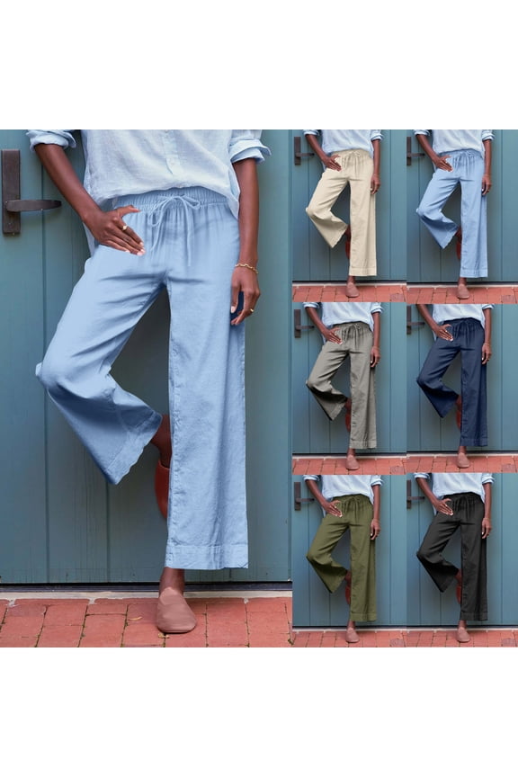 Straight Leg Pants for Women Casual Summer Spring Elastic Waisted Drawstring Pant Solid Color Wide Leg Long Pants Beige L