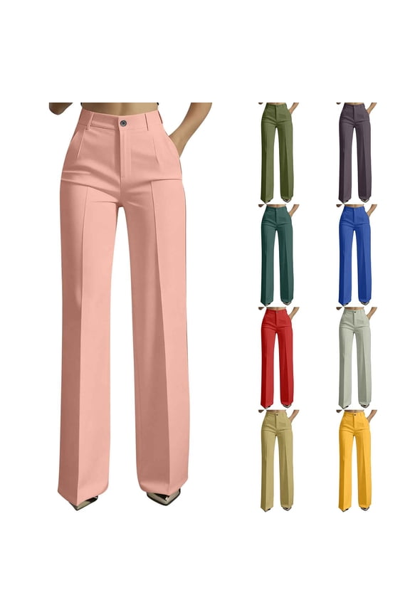 Straight Pants for Women Business Casual Pleated Slacks Solid Color High Waisted Dressy Trousers with Pockets Purple XL