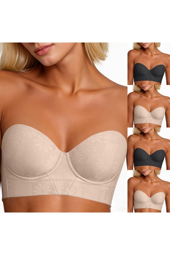 Strapless Bras for Women Plus Size Underwire Beauty Back Bandeau Push Up Non Slip Bralettes 42C Beige