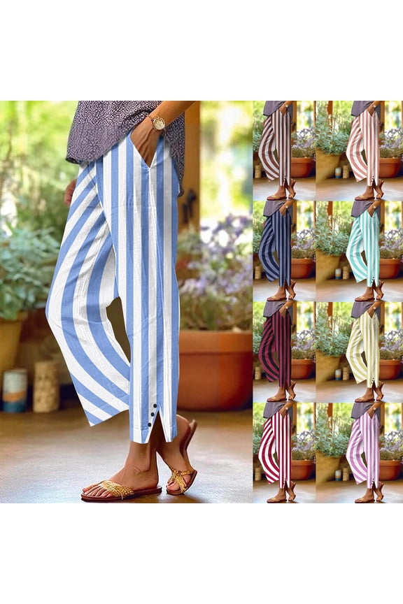 Striped Pants for Women Cotton Linen Summer Pant Casual Wide Leg Elastic Waisted Trousers with Pockets for Vacation Lounge Orange M