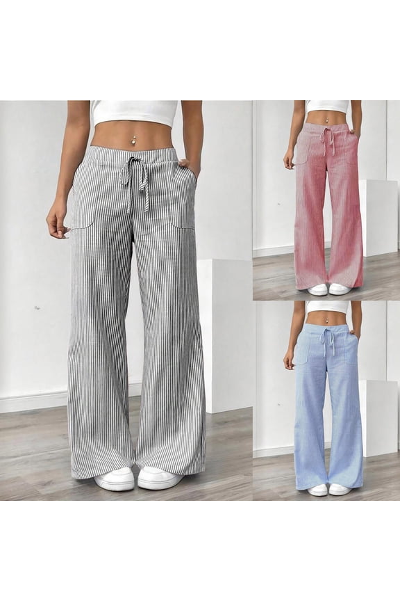 Striped Pants for Women Flowy Palazzo Cotton Linen Pant Casual Elastic Waisted Drawstring Wide Leg Trousers with Pockets Sky Blue XL
