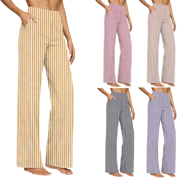 Pxxlle Striped Pants for Women Plus Size Wide Leg Trendy Pant with Pockets Casual High Waisted Trousers for Business Work Hot Pink XL