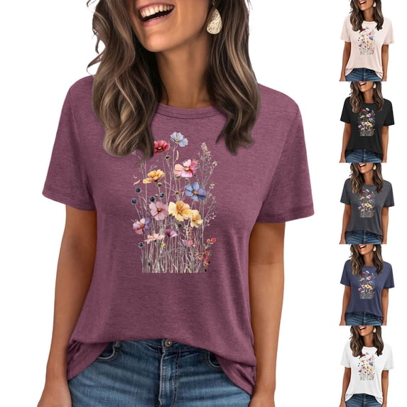 Pxxlle Summer Shirts for Women Fashion Flower Graphic Tee Shirt Casual Short Sleeve Tshirt Loose Fit Crewneck Tshirts (Gray XXL)