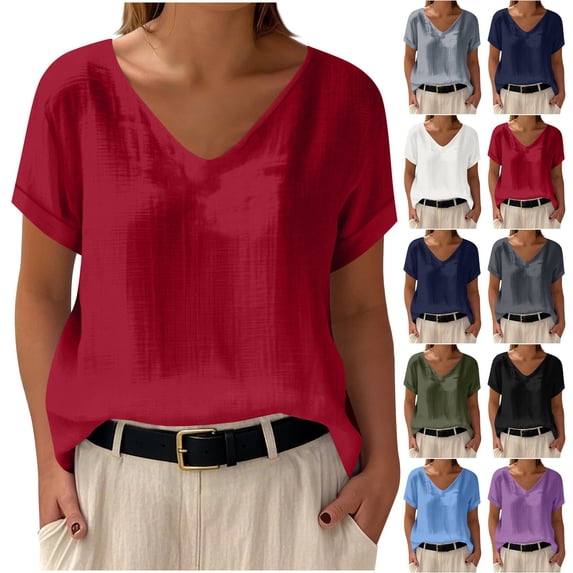 Pxxlle Summer T Shirts for Women Loose Fit V Neck Linen Shirt Solid Color Short Sleeve Basic Tees Navy XL