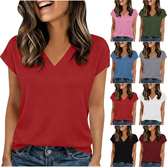 Pxxlle Summer Tops for Women Casual Cap Sleeve T Shirts Loose Fit V Neck Shirt Solid Color Basic Tees for Beach Vacation Wine M