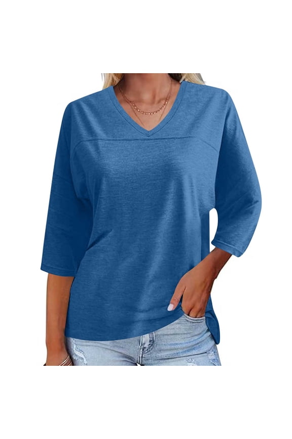 Summer Tshirts Shirts for Women Loose 3/4 Length Sleeve Tshirt Comfy V Neck T Shirts Solid Color Classic Fit Tops