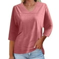 thumbnail image 1 of Pxxlle Summer Tshirts Shirts for Women Loose 3/4 Length Sleeve Tshirt Comfy V Neck T Shirts Solid Color Classic Fit Tops, 1 of 6