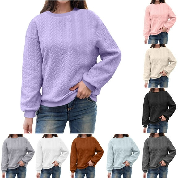 Pxxlle Sweatshirts for Women Trendy Jacquard Texture Sweatshirt Fall Long Sleeve Pullover Tops Loose Fit Drop Shoulder Round Neck Clothes Purple XXL
