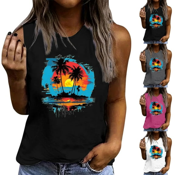 Pxxlle Tank Top for Women Hawaii Print Tank Tops Loose Fitted Sleeveless Beach Vacation Tops Casual Crewneck Going Out Tanks White M