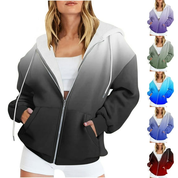 Pxxlle Trendy Hoodies for Women Plus Size Zip Up Hooded Sweatshirt Gradient Graphic Hooded Jacket Fall Winter Long Sleeve Sweatshirts with Pockets Blue XL