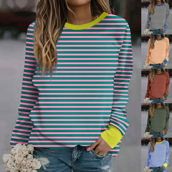 Pxxlle Trendy Striped Sweatshirts for Women Plus Size Crewneck Pullover Tops Fall Winter Long Sleeve Sweatshirt Green L