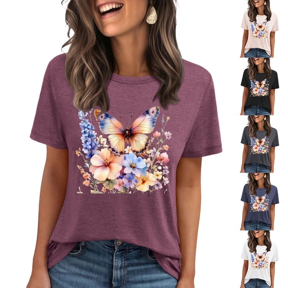 Pxxlle Tshirts for Women Fashion Floral Graphic Tee Shirts Summer Short Sleeve Going Out Tshirt Loose Fit Crewneck T Shirt (Dark Blue S)
