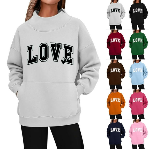 Pxxlle Valentines Day Sweatshirts Women Love Letter Graphic Sweatshirt Oversized High Neck Pullover Tops Long Sleeve Sweat Shirts with Pockets Brown M