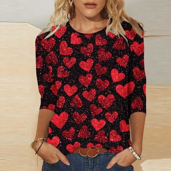 Pxxlle Valentines Shirts Women Plus Size 3/4 Sleeve Holiday Tops Cute Love Heart Print Blouses Tops Loose Fit Round Neck Shirt Size XXXXL