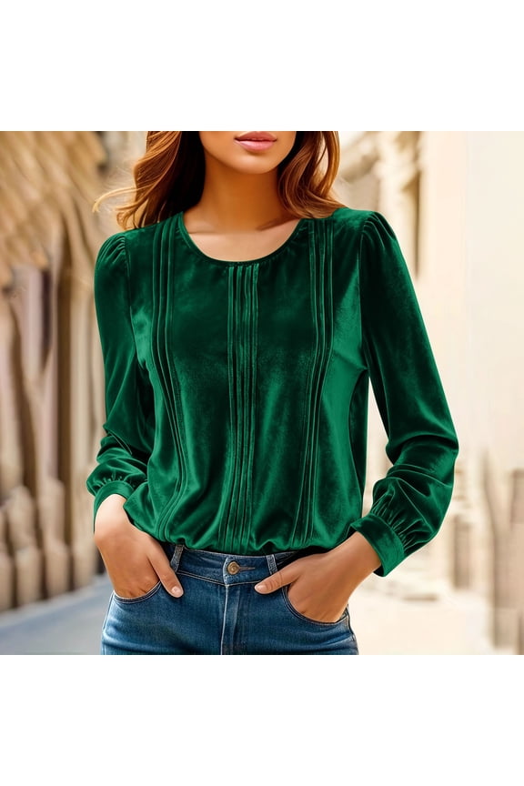 Velvet Shirts for Women Dressy Casual Pleated Blouses Elegant Crewneck Business Work Shirt Solid Color Puff Long Sleeve Tops Green XXL
