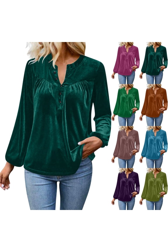 Velvet Tops for Women Dressy Casual Button Up V Neck Blouses Elegant Pleated Long Sleeve Tunic Tops Green M
