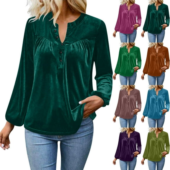 Pxxlle Velvet Tops for Women Dressy Casual Button Up V Neck Blouses Elegant Pleated Long Sleeve Tunic Tops Green XXL