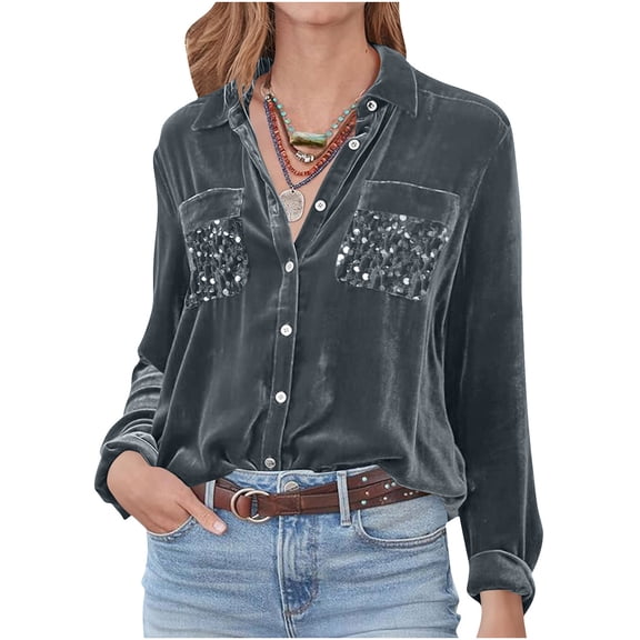 Pxxlle Velvet Tops for Women Patchwork Glitter Sparkly Shirts with Pockets Trendy Button Down Lapel Blouses Elegant Long Sleeve Party Shirt Gray M