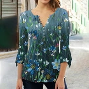 Pxxlle Vintage Tshirts for Women Casual 3/4 Bell Sleeve Tshirt Retro Ethnic Graphic Tees Button Pleated V Neck Tunic Tops 2024