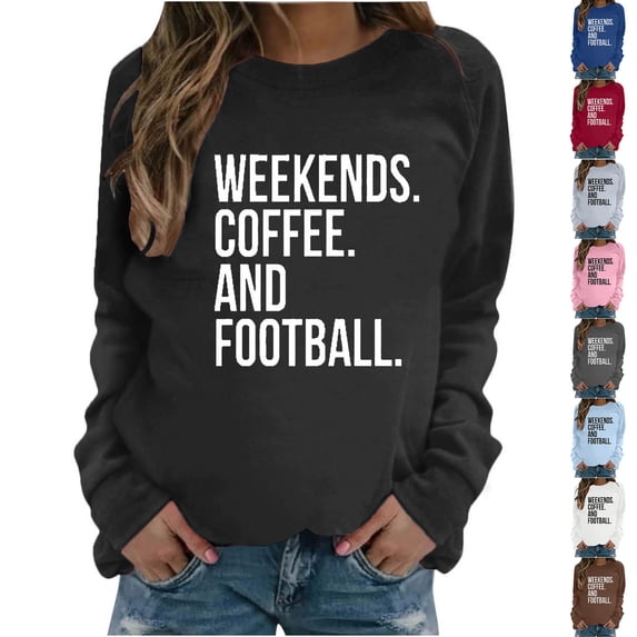 Pxxlle Weekends Coffee and Football Sweatshirts for Women Loose Fitted Round Neck Sweatshirt Casual Long Sleeve Fall Pullover Tops Blue L