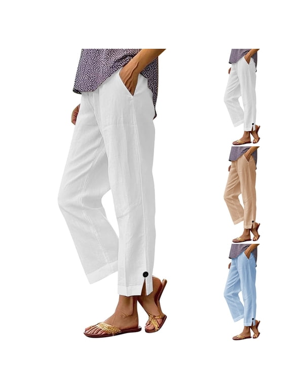 White Linen Pants Women Plus Size Wide Leg Side Split Pant with Pockets Casual Summer High Waisted Trousers for Vacation Vacation White XXXXXL