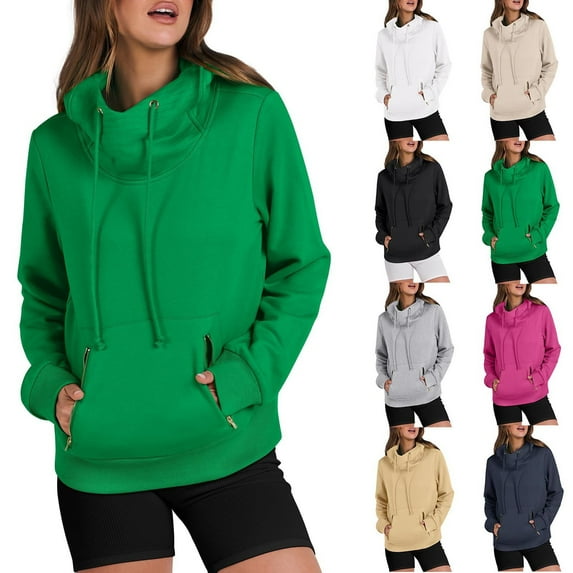 Pxxlle Winter Hoodies for Women Loose Fit Long Sleeve Hooded Pullover Tops with Zipper Pockets Comfy Drawstring Sweatshirts Khaki XXL