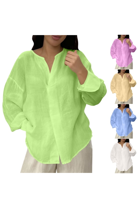 Women's Cotton Linen Shirts Plus Size Long Sleeve Shirt Oversized Solid Color V Neck Tops White XXXL
