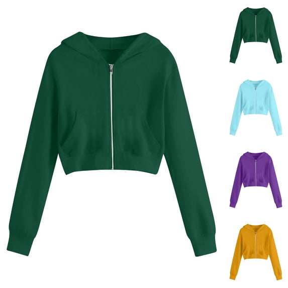 Pxxlle Women's Cropped Zip Up Hoodie Sweatshirts Long Sleeve Casual Loose Y2K Pullover Tops Solid Color Hooded Sweatshirt with Pockets Light Blue XXXXXL