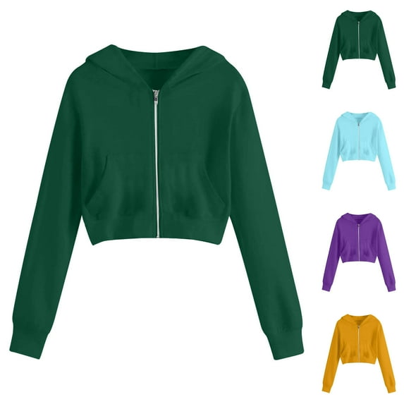 Pxxlle Women's Cropped Zip Up Hoodie Sweatshirts Long Sleeve Casual Loose Y2K Pullover Tops Solid Color Hooded Sweatshirt with Pockets Army Green M