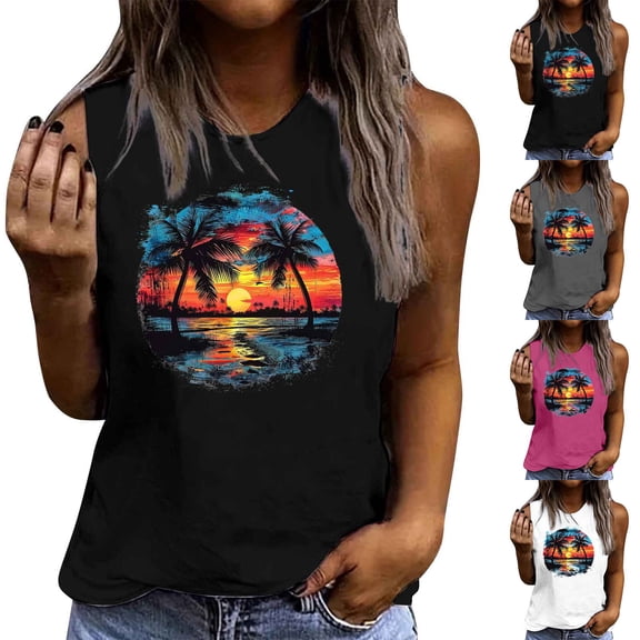 Pxxlle Women's Hawaii Tank Tops Trendy Graphic Tank Shirts Casual Sleeveless Beach Vacation Clothes Comfy Round Neck Tanks Summer Going Out Tops Gray M