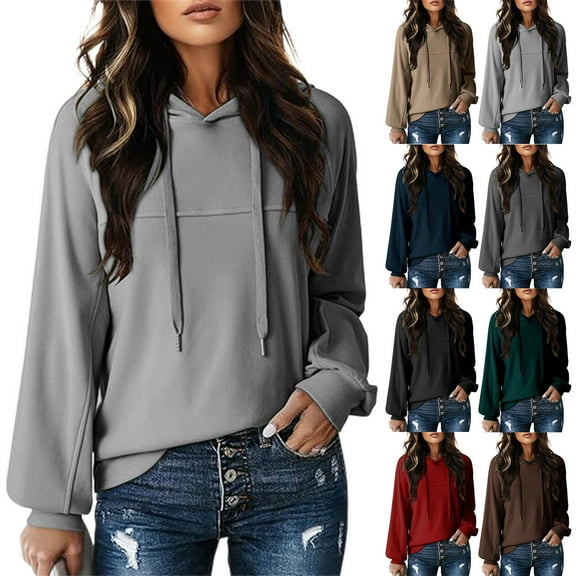 Pxxlle Women's Hoodies Casual Long Sleeve Hooded Pullover Solid Color Drawstring 2025 Fall Sweatshirts Dark Gray M