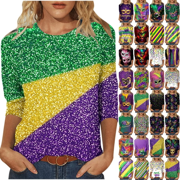 Pxxlle Women's Mardi Gras Shirt Plus Size Crewneck 3/4 Sleeve Blouse Tops New Orleans Party Tshirts Fashion Color Block Graphic Tees Size S