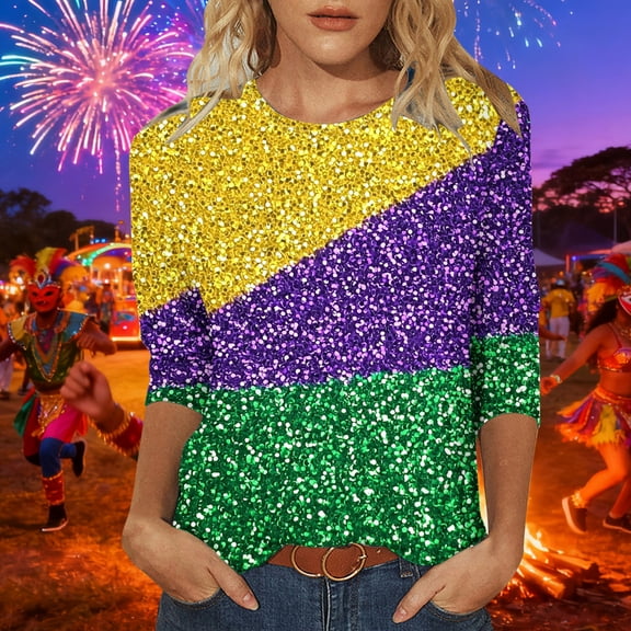 Pxxlle Women's Mardi Gras Shirt Plus Size Crewneck 3/4 Sleeve Blouse Tops New Orleans Party Tshirts Fashion Color Block Graphic Tees Size XXXL