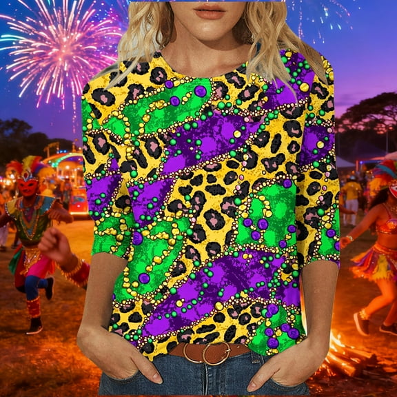 Pxxlle Women's Mardi Gras Shirt Plus Size Crewneck 3/4 Sleeve Blouse Tops New Orleans Party Tshirts Fashion Color Block Graphic Tees Size XXXL