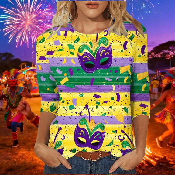 Pxxlle Women's Mardi Gras Shirt Plus Size Crewneck 3/4 Sleeve Blouse Tops New Orleans Party Tshirts Fashion Color Block Graphic Tees Size XXXL