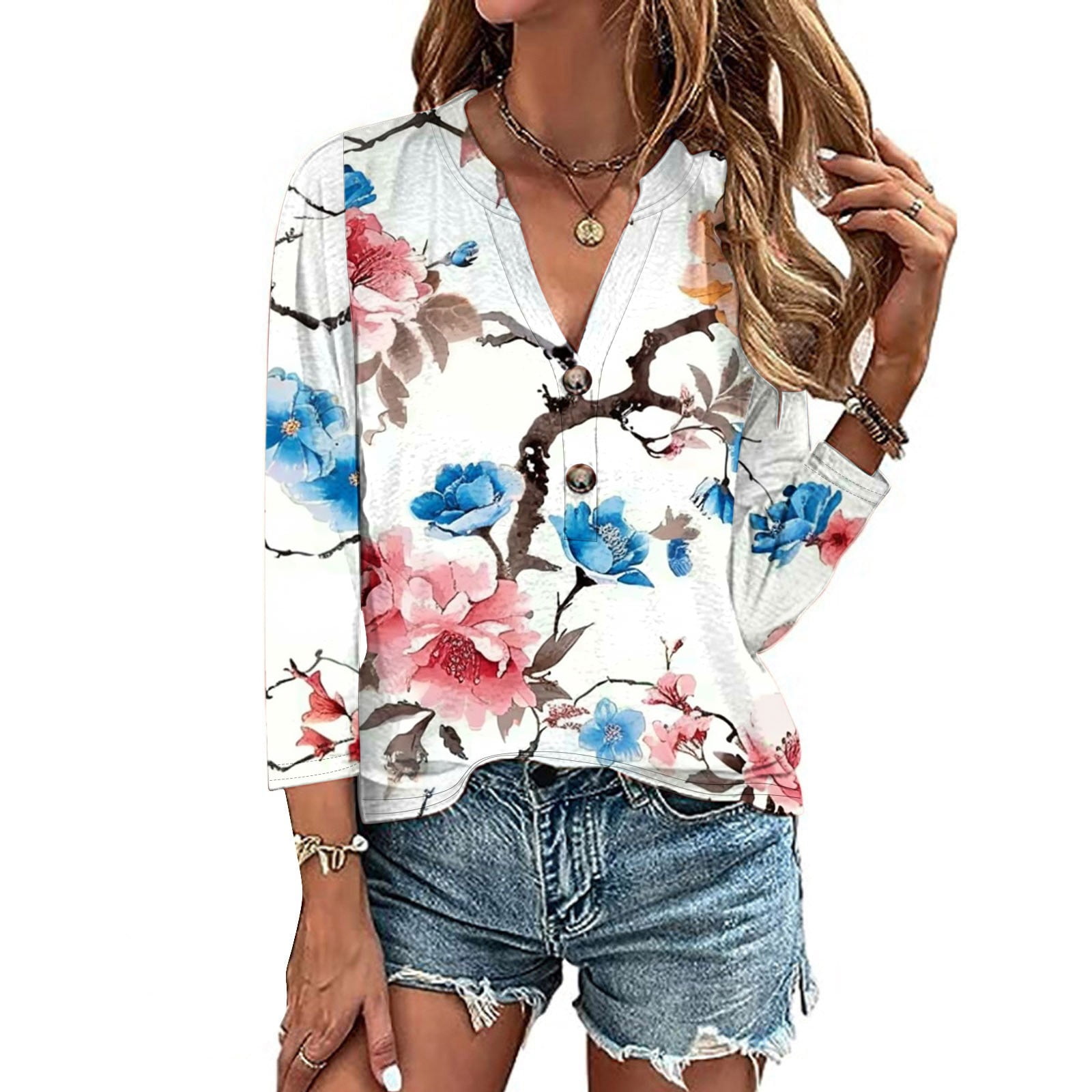 Pxxlle Women's Plus Size Tshirt Loose Fit Henley V Neck Tshirt Casual 3