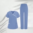 thumbnail image 1 of Pxxlle Women's Scrub Sets Plus Size V Neck Short Sleeve Nurse Uniform and High Waistband Pants Solid Color Medical Workwear Light Blue XL, 1 of 9