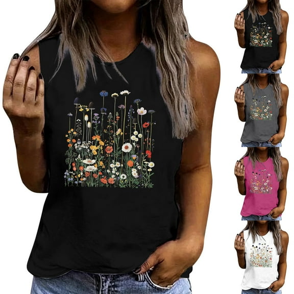 Pxxlle Women's Sleeveless Tank Tops Cotton Round Neck Tank Top Summer Casual Going Out Tops Fashion Floral Print Beach Vacation Clothes White XL