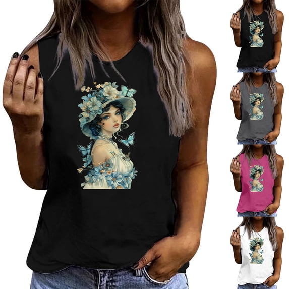 Pxxlle Women's Tank Tops Loose Fit Sleeveless Cotton Tank Top Crewneck Summer Going Out Tops Fashion Print Beach Vacation Clothes White M