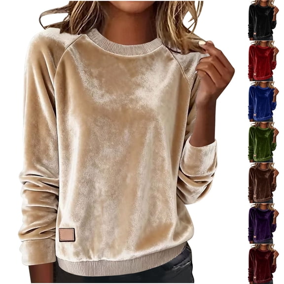Pxxlle Women's Velvet Tops Casual Raglan Long Sleeve Shirts Elegant Crewneck Pullovers Solid Color Going Out Top Khaki XXL