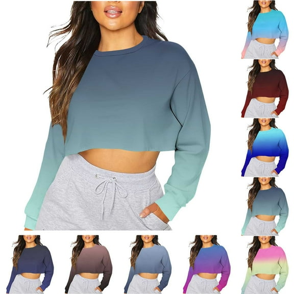 Pxxlle Womens Cropped Sweatshirts Long Sleeves Round Neck Pullover Tops Trendy Gradient Graphic Sweatshirt Army Green M