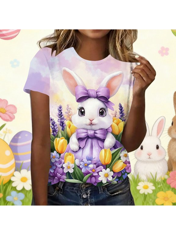 Womens Easter T Shirts Cute Easter Bunny Graphic Tees Plus Size Round Neck Short Sleeve Holiday Tops XXL