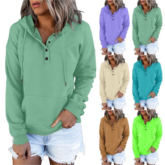 Pxxlle Womens Hoodies Casual Quarter Button Up Hooded Sweatshirts Fall Long Sleeve Pullover Tops Trendy Solid Hoodie Sweatshirt with Pockets Light Blue XXL