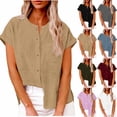 thumbnail image 1 of Pxxlle Womens Linen Shirts Button Down Dressy Shirt Business Casual Short Sleeve Tops Solid Color Round Neck Clothes Black XL, 1 of 8